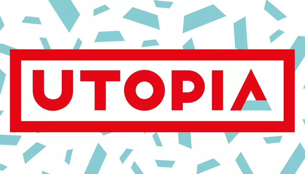 logo utopia met blauwe spikkels op achtergrond, rode letters en de rode met blauwe letter A uit de huisstijl van de stad Aalst