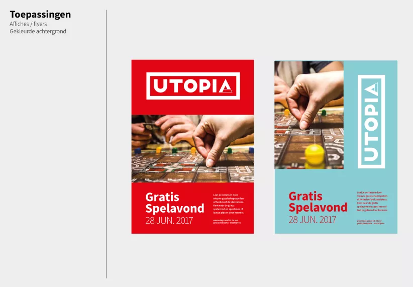 twee affiches over een spelavond met steunkleur rood en blauw