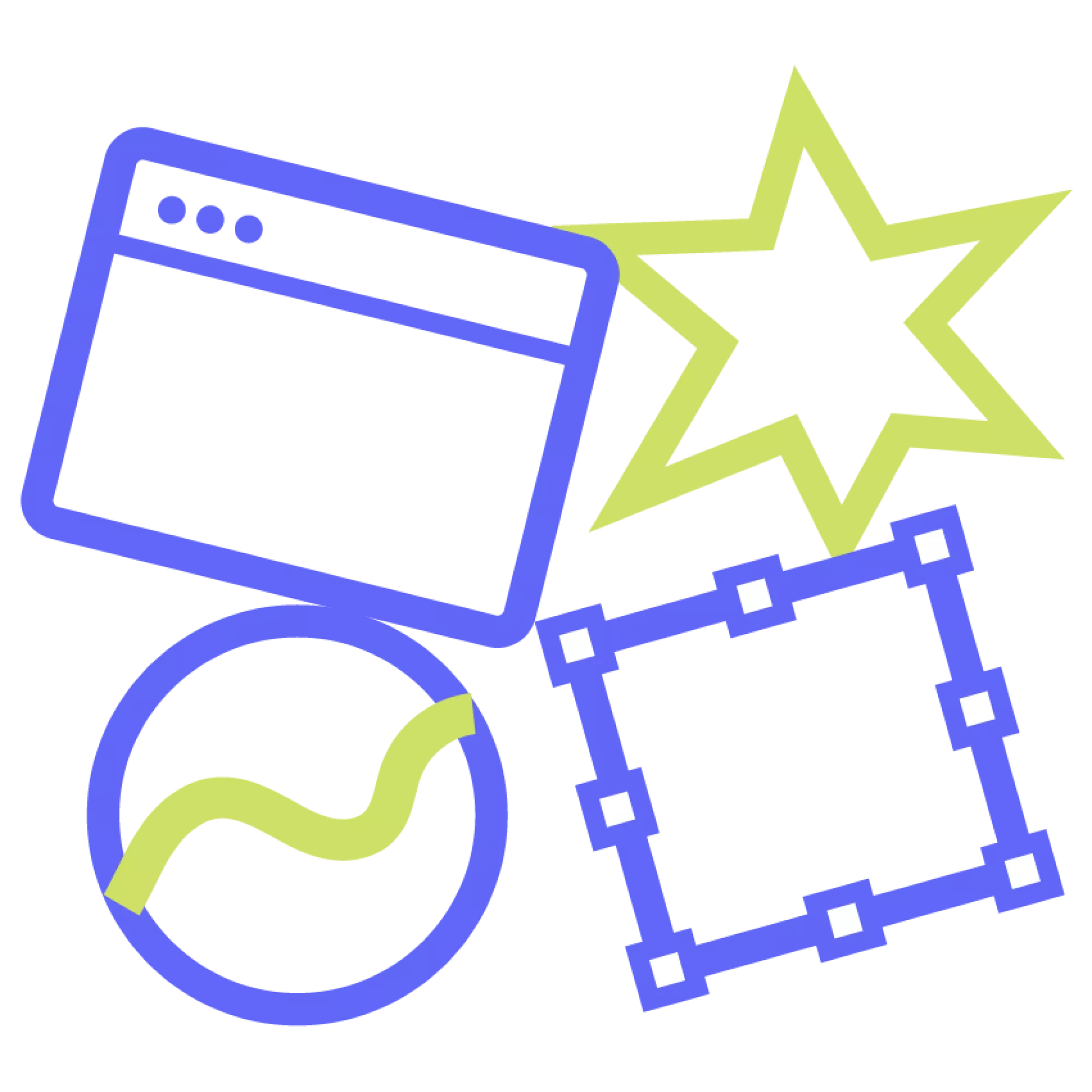 Storytelling Abstracte iconen van een webpagina, ster, cirkel en kader, die storytelling en creatieve content symboliseren