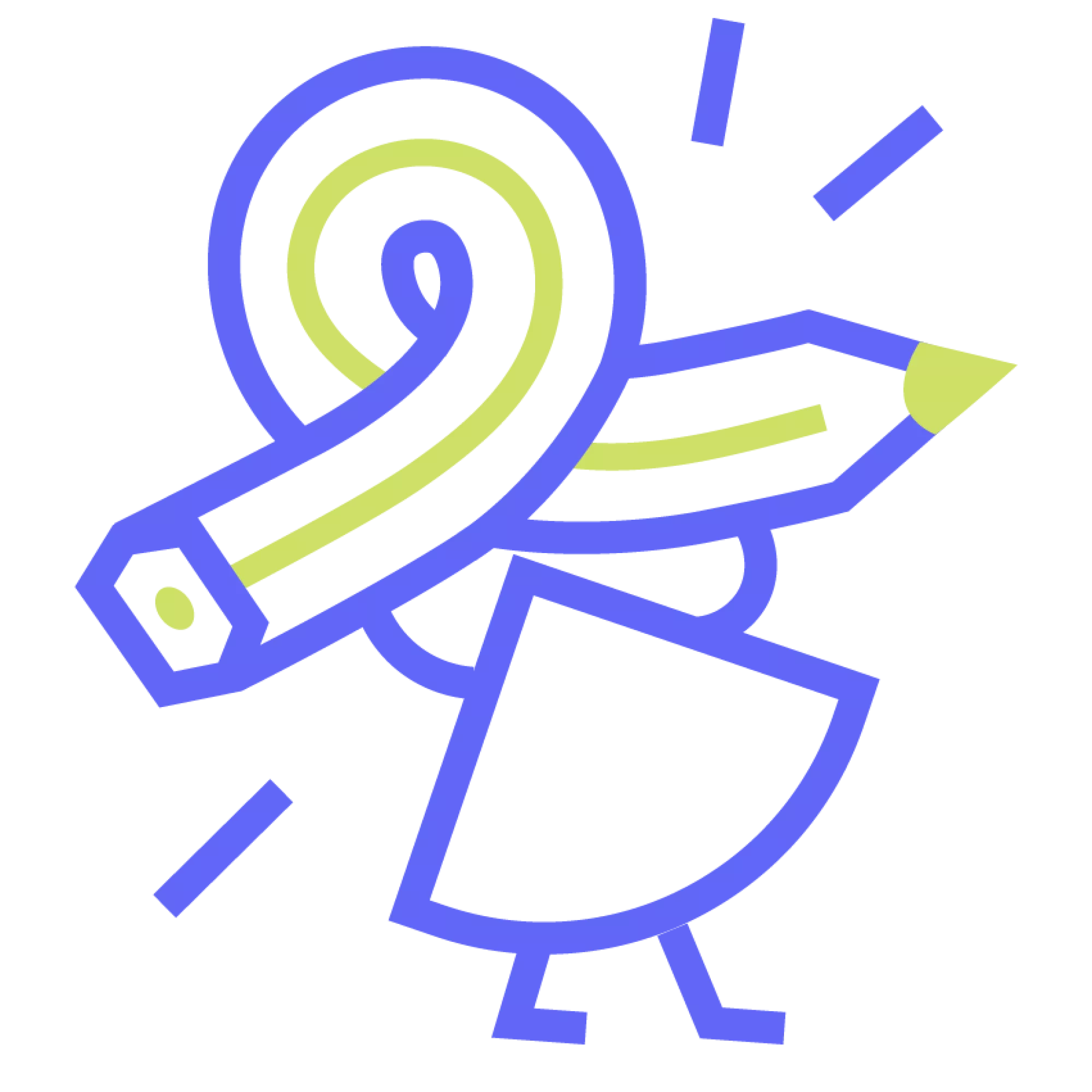 Strategische vormgeving Abstract pictogram van een mannetje dat een gekruld potlood draagt, dat ontwerp en creatieve vormgeving weergeeft