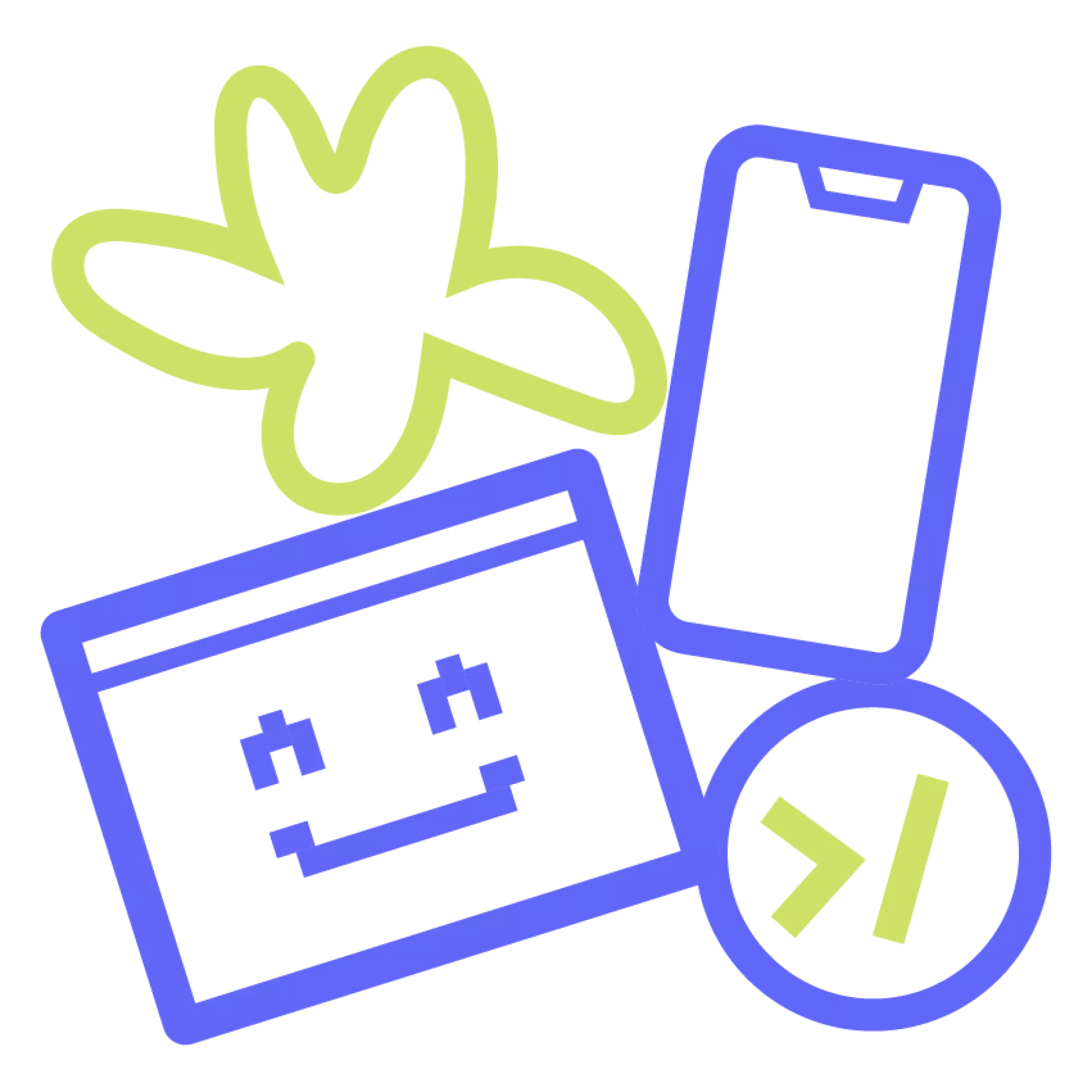 Abstracte iconen van een lachende webpagina, mobiele telefoon en bloem, die webdesign en digitale toegankelijkheid verbeelden.