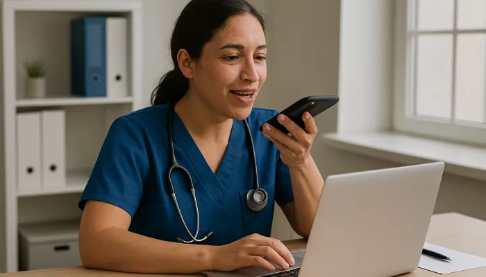 AI generated nurse speaking into phone admin